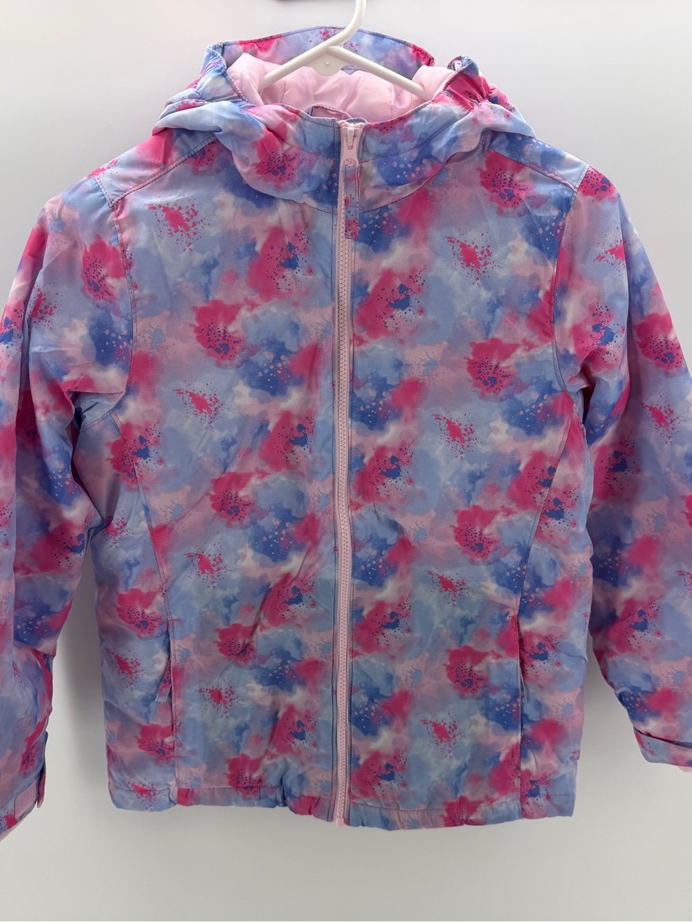 Lands' End Girls Hooded Puffy Coat in Pink & Blue Splash Size L (10-12) New
